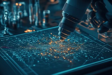Poster - A microscope hovers over a glowing digital interface filled with interconnected nodes, suggesting a focus on scientific exploration or data analysis.