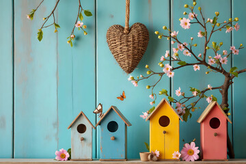 Natural wicker heart hanging over colorful birdhouses with butterfly on shelf by spring tree flowers on antique rustic teal blue wooden background; springtime background with painted wood copy space