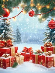 Wall Mural - collection of christmas greeting square postcards with christmas presents, garlands, winter landscap