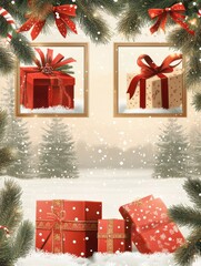 Wall Mural - collection of christmas greeting square postcards with christmas presents, garlands, winter landscap