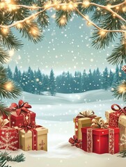 Wall Mural - collection of christmas greeting square postcards with christmas presents, garlands, winter landscap