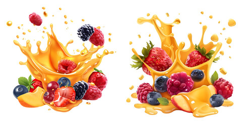 Wall Mural - Fruit burst. Splash of juice. Sweet tropical fruits and mixed forest berries. 3d realistic vector icon set. Generative AI.