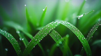 Aufkleber - Serene Dew-Covered Grass Leaves in the Morning Light with Texture : Generative AI