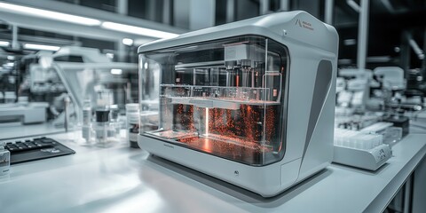 Poster - A modern lab device featuring transparent sections, showcasing its internal components, set against a high-tech laboratory backdrop.