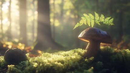 Poster - Solitary Mushroom and Fern in Sunlit ForestSurrounded by Autumn Leaves : Generative AI
