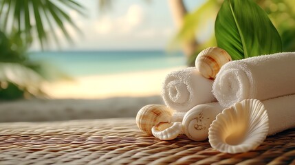 Poster - Peaceful Island Spa Experience with Towels and Seashells on Oceanfront : Generative AI