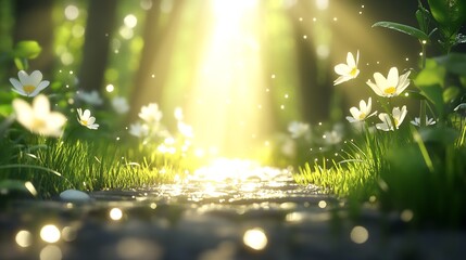 Poster - Enchanted Forest Path Leading Through Daisies in Glorious Sunlight Evoking Peace and Refreshment : Generative AI
