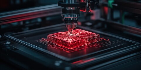 Poster - A high-tech laser engraving machine creating intricate designs on a transparent material, illuminated by red lights.