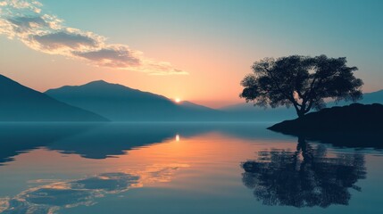 Poster - Serene landscape at sunset with mountains, water, and a solitary tree reflecting in the calm lake.
