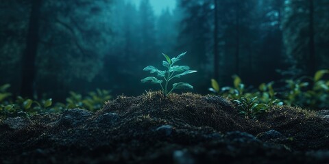 Poster - A small green plant emerges from the soil in a dimly lit forest, surrounded by lush greenery, creating a serene and mystical atmosphere.