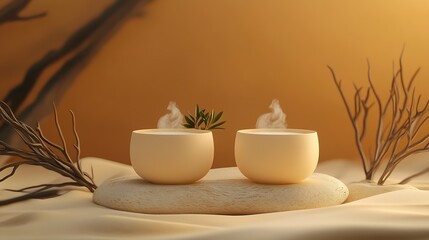 Poster - Two Steam Cups With Botanical Twigs On Textured Surface : Generative AI