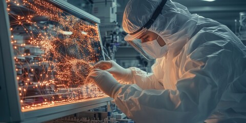 Poster - A technician in protective gear works on a complex electronic device, focusing on intricate circuitry illuminated by warm lights.