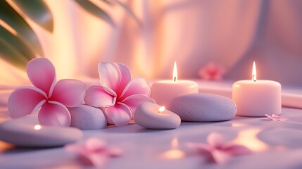 Poster - Tranquil Spa Setting with Candles and Pink Frangipani Flowers on Smooth Stones for Relaxation : Generative AI