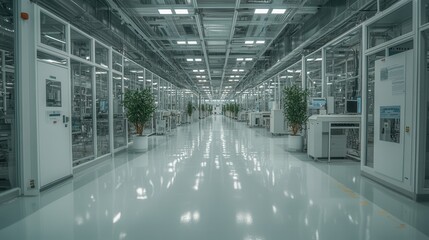 Poster - A sleek, modern interior of a high-tech facility featuring glass walls, bright lighting, and greenery, suggesting a clean and advanced environment.