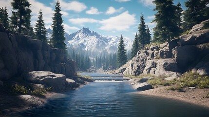 Aufkleber - Scenic Mountain River Landscape with Pine Forest and Snow-Capped Peaks Under Blue Sky : Generative AI