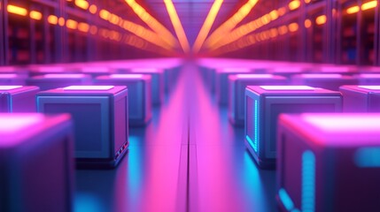 Poster - Futuristic Data Center with Neon Lighting, Rows of Processing Units in Vibrant Colors, Representing High Technology and Digital Transformation