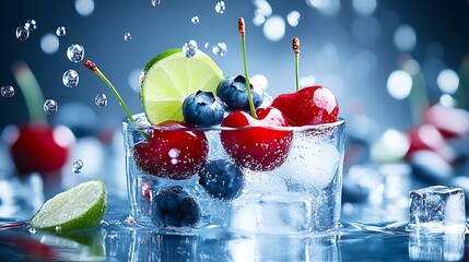 Aufkleber - Citrusy Berry Explosion with Cherries Blueberries and Lime Refreshment in Icy Glass : Generative AI