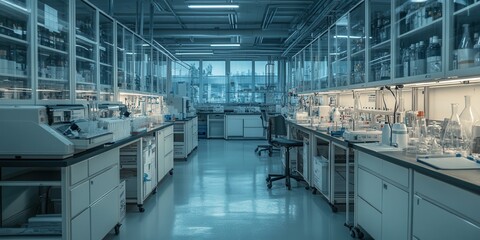 Poster - A modern laboratory with well-organized workstations, illuminated shelves, and scientific equipment, creating a clean and efficient research environment.