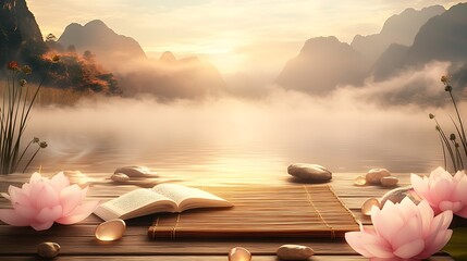 Aufkleber - Calm Waterscape with Lotus Flowers, Open Book and Misty Mountains during Morning Mist : Generative AI