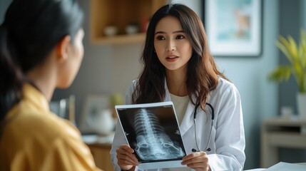 Poster - A woman doctor is showing a patient a x-ray of her spine