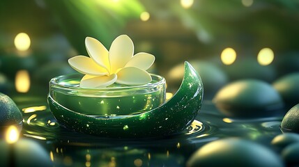 Poster - Serene Green Candle with Yellow Flower in a Reflective Water Setting : Generative AI