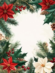 Wall Mural - Green and. red Christmas invitation cards vector design template. Floral Christmas greeting card design with flower and winter leaves frame. Vector illustration.
