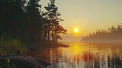 Aufkleber - Serene sunrise over a tranquil lake, surrounded by trees and mist.