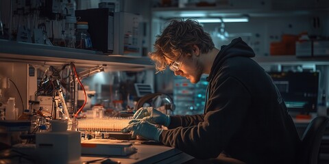 Poster - A focused individual works meticulously at a well-equipped bench, surrounded by tools and electronics, embodying innovation and creativity in a dimly lit space.