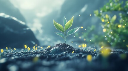 Aufkleber - Vibrant Young Plant Sprouting in Fertile Ground Amid Serene Natural Landscape : Generative AI