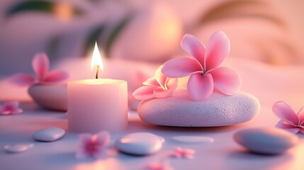 Poster - Serene Candlelight Spa Scene with Pink Frangipani on River Stones for Soothing Relaxation Escape : Generative AI