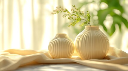 Poster - Minimalist White Ceramic Vases with Fresh Greenery on Sunlit Draped Surface : Generative AI