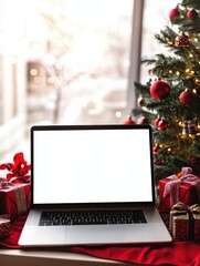 Wall Mural - Laptop computer with white blank empty mock up screen on Merry Christmas table with presents gifts, decorated Xmas tree in Santa house background. Ecommerce website online shopping delivery, banner