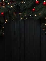 Wall Mural - Merry Christmas and Happy New Year, postcard with garland, Christmas tree branches and black wood texture on the background