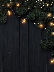 Wall Mural - Merry Christmas and Happy New Year, postcard with garland, Christmas tree branches and black wood texture on the background