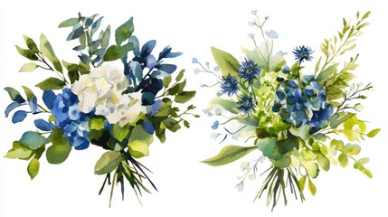 Poster - Two watercolor floral bouquets featuring blue and green hues, ideal for design or decoration.