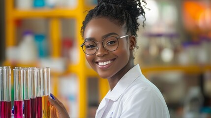 Aufkleber - A woman wearing a white lab coat and glasses is smiling