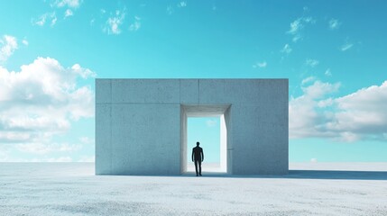 Poster - A lone figure stands before a minimalist concrete structure under a bright sky.