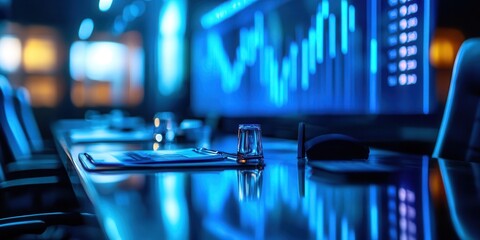 Fototapete - A sleek, modern conference room with illuminated charts and graphs, reflecting a high-tech, professional environment focused on business analytics.