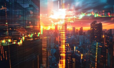 Poster - Urban skyline cityscape at sunset with digital graphic elements