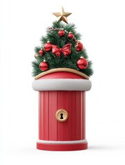 Wall Mural - red santa letterbox with christmas tree btanch and ball isolated on white background