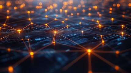 Fototapete - A futuristic digital landscape showcasing interconnected nodes and glowing pathways, representing data flow and technology.