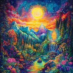 Naklejka na meble Enchanting Cosmic Landscape with Glowing Waterfall and Mystical Mountains at Sunset