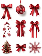 Wall Mural - Set Christmas greeting red ribbons with Christmas icons isolated on white background