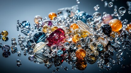Leinwandbilder - Translucent beads and bubbles abstract art surface reflection photography studio setting close-up view colorful beauty