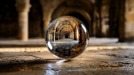 Aufkleber - A delicate glass sphere in an endless corridor of ancient architecture with stunning reflections and a mystical atmosphere
