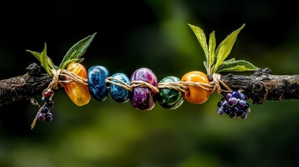 Poster - Creative bead arrangement on branch nature setting artistic photography vibrant colors close-up view detailed craftsmanship