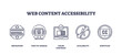 © VectorMine - Web content accessibility icons include navigation, text-to-speech, and color contrast. Outline icons set.