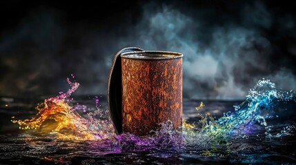 Aufkleber - Rusted can filled with laughter captured in colorful burst studio still life artistic conceptual photography