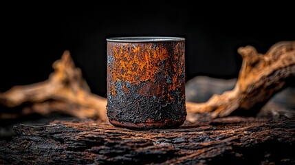 Poster - Rusted tin can with faded paint rustic setting still life photography natural environment close-up vintage aesthetic