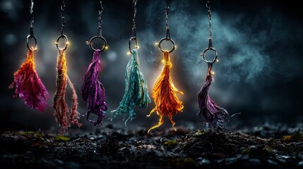 Poster - Vibrant hooks suspended in a surreal environment captivating visual art dark atmosphere unique concept